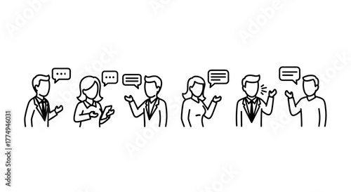Faceless people talking in a minimalistic icon pictogram style, rendered as a vector cartoon illustration on a clean white background, representing communication and discussion in a modern, abstract