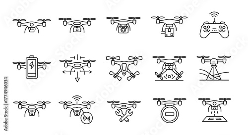 Collection of thin line icons representing drones and their accessories, including remote controls and charging stations, presented on a clean white background, perfect for technology and