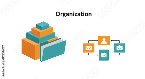 Isometric organization chart icons and stacked boxes representing business hierarchy, leadership, supervision, hiring, coaching, management, development, teamwork, and delegation, with a central