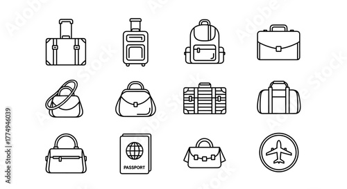 A collection of nine minimalist line art icons representing various types of luggage and bags, including a suitcase, backpack, briefcase, and purse, all rendered in a clean, adjustable stroke weight