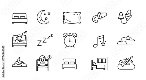 Collection of sleep-related line icons, featuring beds, a crescent moon with stars, a pillow, earplugs, a person sleeping soundly, Zzz symbols, an alarm clock, musical notes, clouds, and a person