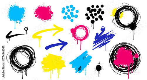 Vibrant Cyan, Magenta, and Yellow Spray Paint and Graffiti Elements Set: Urban Street Art Grunge Brush Strokes, Dots, Arrows, and Smears with Drips and Splatters, Featuring Dirty, Messy, and Airy Ink