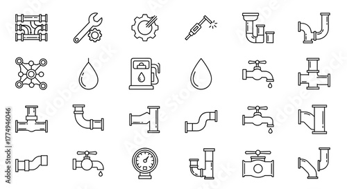 Set of clean, modern, and editable line icons representing various aspects of pipeline maintenance, including welding, system checks, faucets, gas and oil industry symbols, water supply, plumbing
