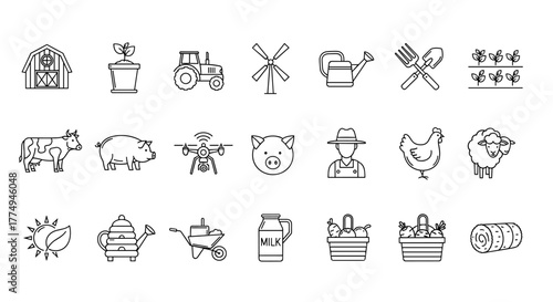 Farming icon set featuring agriculture-related line icons including a barn, tractor, windmill, watering can, pitchfork, seedling, cow, pig, drone, farmer, chicken, sheep, sun, teapot, wheelbarrow