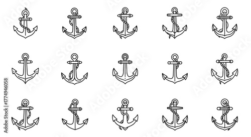 Collection of fifteen anchor outline icons, each with an editable stroke, perfect for infographics, articles, books, flyers, and banners, rendered as a vector cartoon illustration on a black