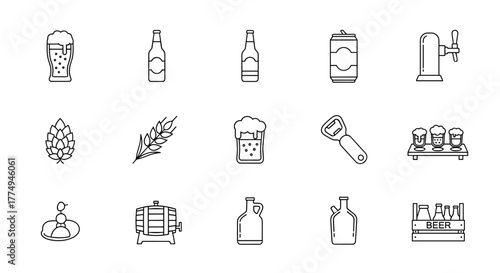 Outline icon collection of beer-related items, including glasses, bottles, cans, hops, barley, kegs, growlers, bottle openers, and beer taps, perfect for infographics, articles, books, flyers, and
