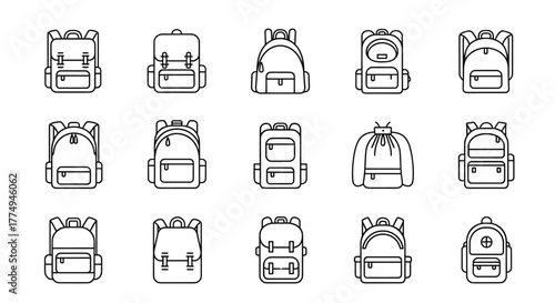 Collection of thin line icons representing various backpack and schoolbag designs, perfect for web, books, cards, and apps. Editable stroke vector cartoon illustrations suitable for diverse digital