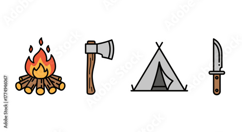 Collection of cartoon vector icons representing camping and outdoor adventure essentials: a crackling bonfire, a sharp axe, a portable tent, and a sturdy knife, all on a black background, perfect for