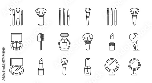 Beauty Line Icon Pack: A collection of cosmetic brush outline signs perfect for graphic and web design, apps, adverts, and various cards. This vector cartoon illustration features essential beauty