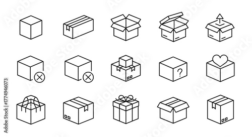 Minimalistic thin outline icons of various boxes and gift boxes in isometric view, perfect for web design, graphic design, apps, banners, social networks, cards, and vector cartoon illustrations with