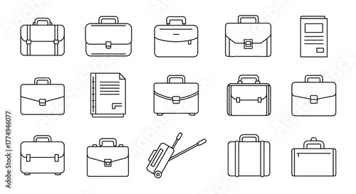 A diverse collection of business and travel-related icons, featuring briefcases, suitcases, and business suits, presented in a clean, modern, thin-line vector style. These editable stroke icons are