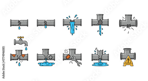Set of flat vector illustrations depicting various stages of broken pipes and plumbing issues, including leaks, cracks, and repair attempts, suitable for graphic design, educational materials, and