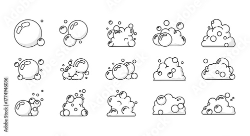 Set of 15 stylized bubble and foam icons with editable stroke, drawn with thin lines in a vector cartoon illustration style, perfect for graphic design, cleaning, and hygiene-related projects