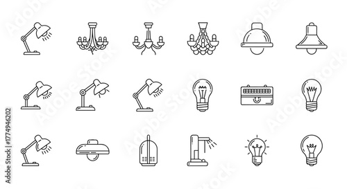 A comprehensive collection of minimalistic linear icons representing various lighting fixtures, including desk lamps, chandeliers, pendant lights, and classic incandescent light bulbs, perfect for