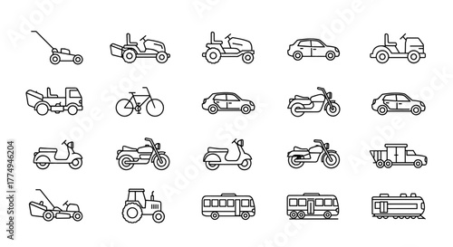 Collection of diverse line drawings depicting various lawn mowers and vehicles, ideal for gardening and transportation themes. This ordered icon set features clean, minimalist designs on a white
