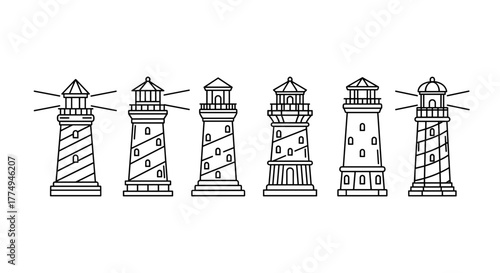 Minimalist line art logo design of a lighthouse, a classic maritime symbol, rendered in a clean, vector cartoon illustration style on a crisp white background, perfect for nautical themes, travel, or