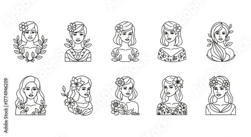 Collection of ten elegant line art illustrations of women's faces and busts, adorned with delicate floral elements and leaves, presented as a cohesive vector set on a clean white background, perfect