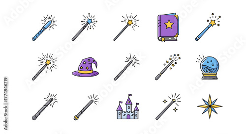 Magical collection of thin line icons featuring magic wands, a wizard hat, a spellbook, a crystal ball, a castle, and a starburst, perfect for fantasy-themed websites, books, cards, and apps