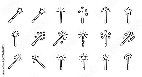 Collection of simple, linear, outline magic wand illustrations with editable strokes, suitable for web, books, cards, and apps, presented as a cartoon vector graphic with a white background, evoking