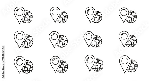 Seamless pattern of map pin icons overlaid on a stylized globe outline, presented in a clean, minimalist white line art style against a stark black background, ideal for graphic design, web