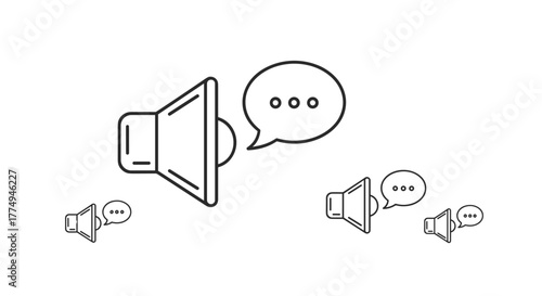 A collection of minimalist line art icons depicting loudspeakers with speech bubbles, symbolizing communication, announcements, and broadcasting, presented on a clean white background with a modern