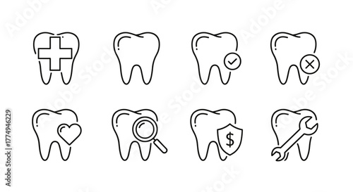 Set of eight thin line icons representing dental health and services, including a tooth with a medical cross, a heart, a magnifying glass, a shield with a dollar sign, a checkmark, a cross mark, a