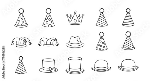 Collection of thin line art icons representing various hats, including party hats, jester hats, a crown, fedora, top hat, and bowler hat, all on a black background, suitable for web, books, cards