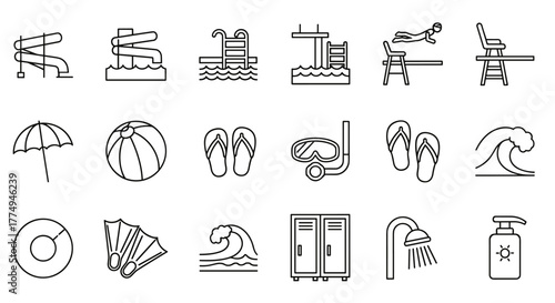 Vector pack of water park and aquapark line icons, including swimming pool elements, diving board, water slides, beach ball, umbrella, flip-flops, snorkel mask, lifebuoy, flippers, waves, lockers