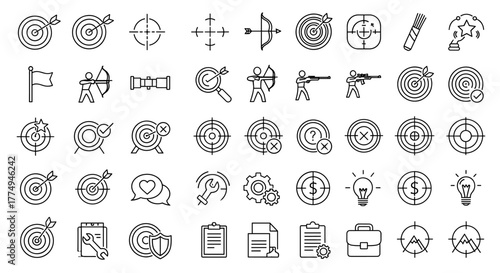 A comprehensive collection of 49 vector line icons related to aiming, targets, and success, presented with a distinctive white outline on a black background, perfect for graphic and web design, app