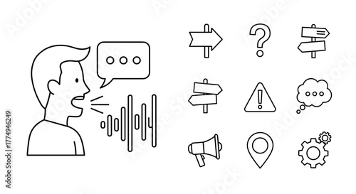 Set of linear vector icons representing communication and travel, including a person speaking, a speech bubble with sound waves, a car, a map pin, and an arrow indicating direction, all rendered with
