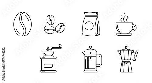 Minimalistic linear pictograms of coffee-related items, including coffee beans, a bag of coffee, a steaming cup, a vintage coffee grinder, a French press, and a Moka pot, presented on a black