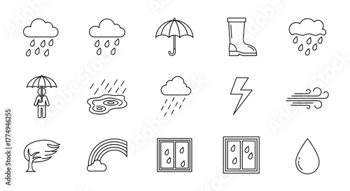 Collection of outline weather icons, including rain clouds, umbrellas, lightning bolts, wind, and thermometers, presented on a clean white background, perfect for graphic and web design, apps
