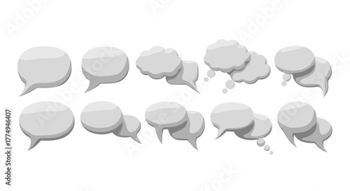 Collection of 3D white speech bubbles and thought clouds, isolated on a black background, representing communication, conversation, ideas, and messages. This graphic resource features various shapes