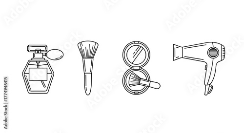 Simple linear illustration of beauty essentials, featuring icons of perfume bottle, makeup brush, powder compact with brush, and hairdryer, suitable for graphics, concept art, apps, and vector
