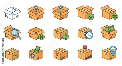 Set of 15 isometric vector cartoon illustrations depicting various aspects of shipping and delivery, including open and closed boxes, question marks, magnifying glass, checkmarks, dollar signs