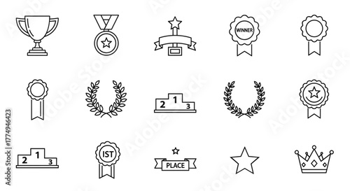 Collection of winning icons and award symbols, including trophy cups, winner medals, laurel wreaths, podiums, and crowns, presented as clean line art silhouettes on a black background, perfect for