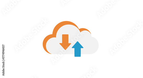Vivid cloud icon with orange outline and white fill, featuring a downward orange arrow and an upward blue arrow, symbolizing data transfer, upload, download, and cloud computing services, perfect for