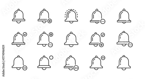 Set of notification bell icons in a clean, ordered line art style, representing reminders and alerts, presented on a white background for versatile application in digital interfaces and design