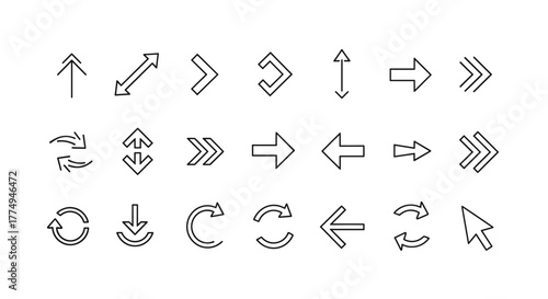 Modern and simple arrow icons set, including cursor, directional arrows, refresh symbols, and double-headed arrows, presented as clean, ordered line art on a black background, perfect for web design