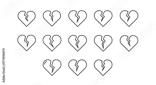 A collection of 14 minimalist broken heart line icons, presented in a clean, modern outline style against a stark black background, perfect for graphic design, web development, app interfaces
