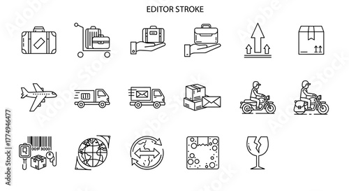 Collection of thin line icons representing baggage and parcel transportation, including suitcases, luggage carts, airplanes, delivery trucks, motorcycles, boxes, and fragile item symbols, suitable