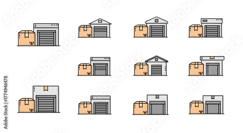 Collection of Flat Design Warehouse and Storage Icons with Cardboard Boxes, Representing Logistics, Delivery, and Inventory Management, Perfect for Web and App Interfaces, Ideal for Business and