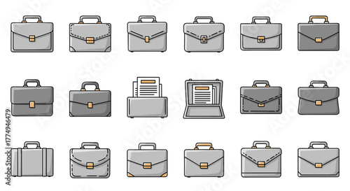 Collection of stylized cartoon briefcases in various designs, perfect for office work and business presentations. Editable stroke vector graphics suitable for infographics, articles, books, flyers