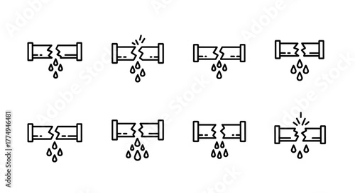 Broken pipe with water leak, a cartoon illustration of a plumbing emergency, representing a burst pipe and water damage, ideal for web, books, cards, and apps, presented as a clean vector graphic on