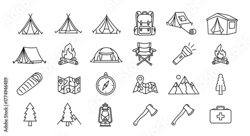 Bundle of Tent-Related Line Icons: A Comprehensive Collection of Outline Signs for Graphic and Web Design, Apps, Advertisements, and Various Cards, Featuring a Vector Cartoon Illustration with a
