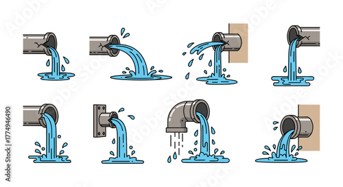 Set of eight vector cartoon illustrations depicting water flowing from pipes, some of which are broken or leaking, with splashes and puddles, isolated on a black background, suitable for web, books