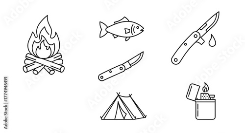 Set of isolated outline icons for camping and outdoor activities, including a bonfire, a fish, a folding knife, a tent, and a lighter, perfect for interface elements, social media posts, and