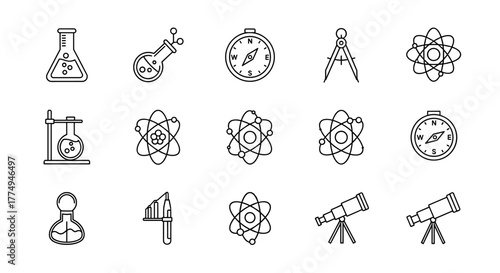 Bundle of Science-Related Line Icons with Editable Stroke for Design, Web Sites, Apps, and Cards, Featuring Linear Images of Laboratory Bulb, Compass, Atom, and Telescope, Representing Scientific