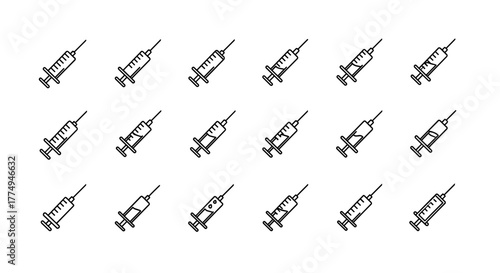 Set of minimalistic linear icons of syringes, presented in a clean, vector cartoon illustration style, perfect for web and graphic design, apps, banners, social networks, and cards, conveying medical