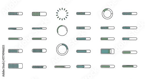 Collection of minimalistic progress bars and loading indicators in various styles, including segmented bars, circular spinners, and radial progress circles, rendered in a clean, cartoonish vector